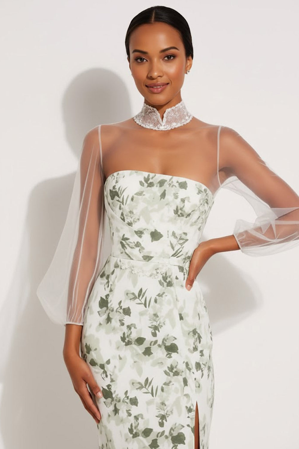 Floral Green Mermaid High Neck Maxi Bridesmaid Dress with Sleeves