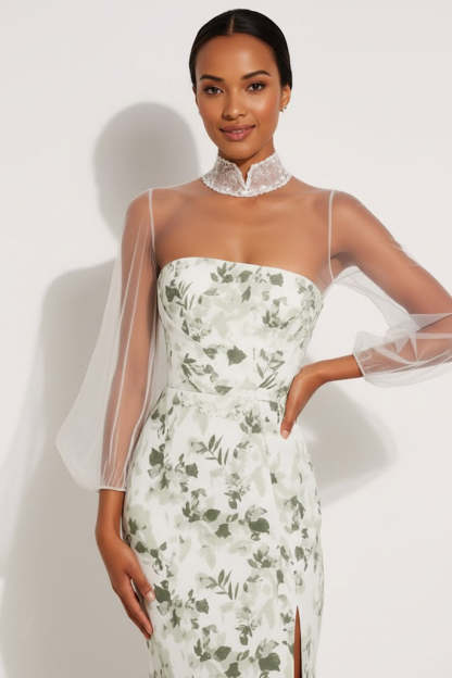 Floral Green Mermaid High Neck Maxi Bridesmaid Dress with Sleeves