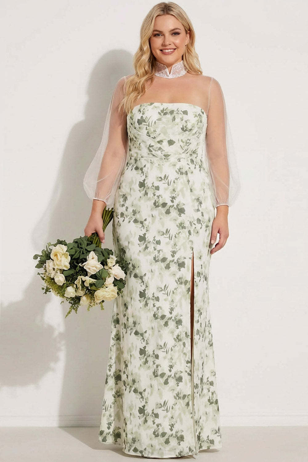 Floral Green Mermaid High Neck Maxi Bridesmaid Dress with Sleeves