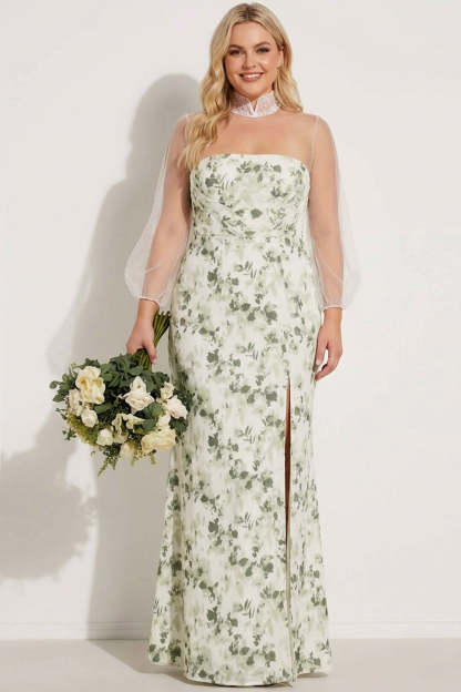 Floral Green Mermaid High Neck Maxi Bridesmaid Dress with Sleeves