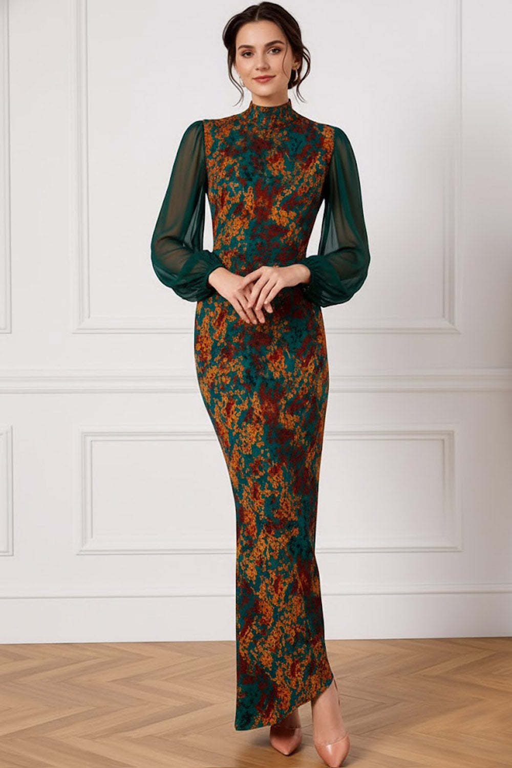 Floral Peacock Green High Neck Mermaid Long Wedding Guest Dress with Sleeves