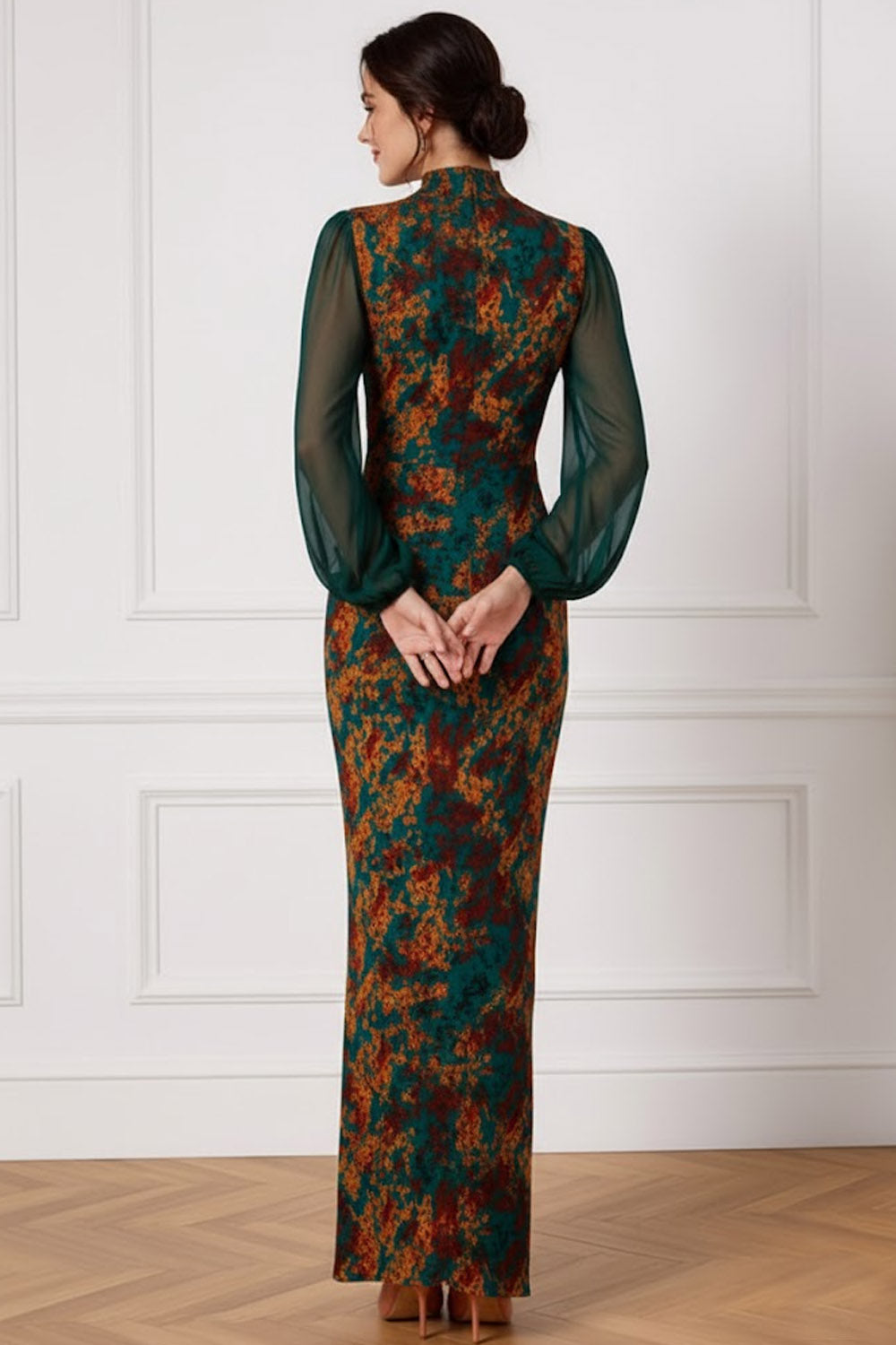 Floral Peacock Green High Neck Mermaid Long Wedding Guest Dress with Sleeves