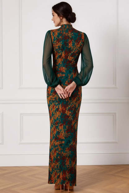 Floral Peacock Green High Neck Mermaid Long Wedding Guest Dress with Sleeves