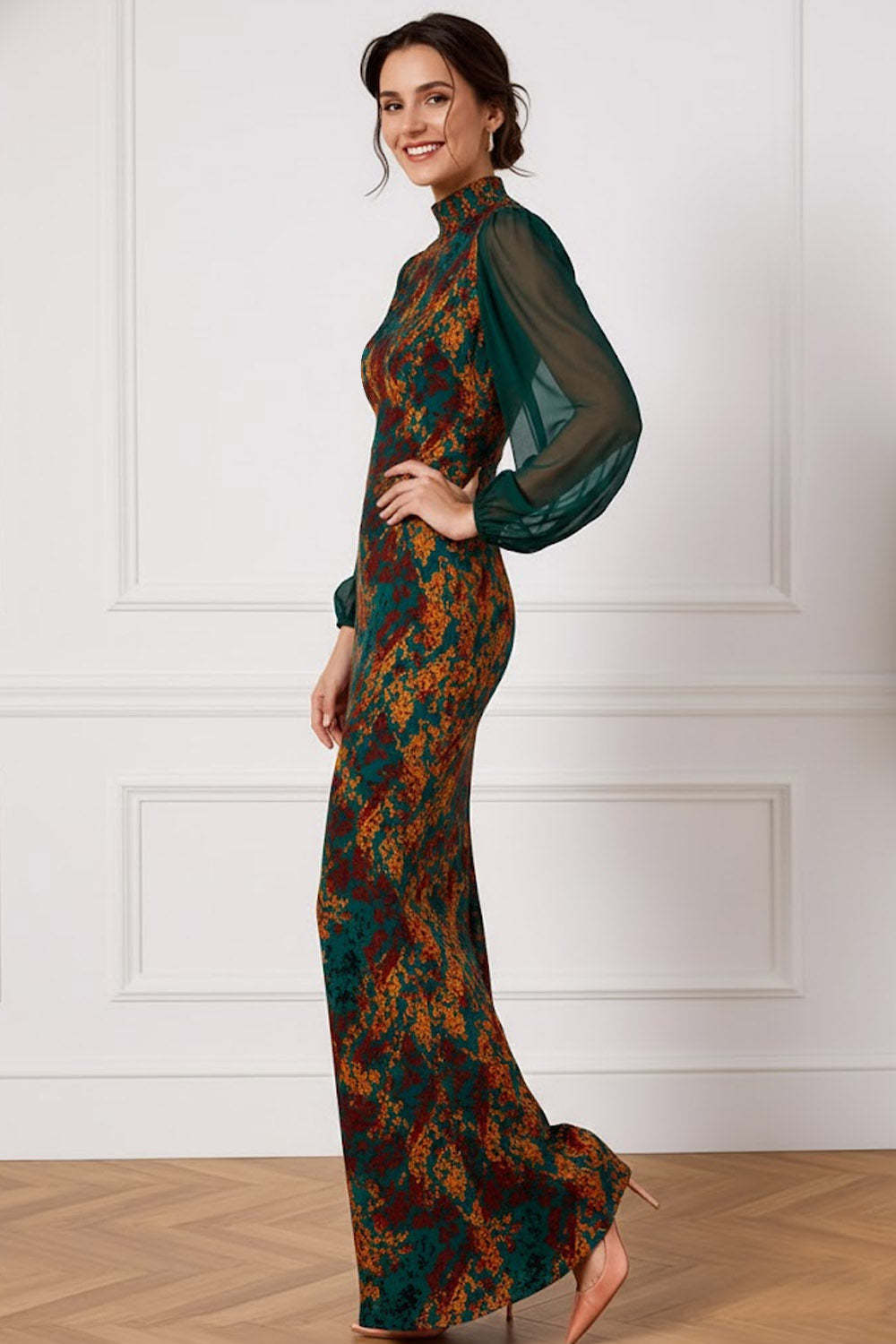 Floral Peacock Green High Neck Mermaid Long Wedding Guest Dress with Sleeves