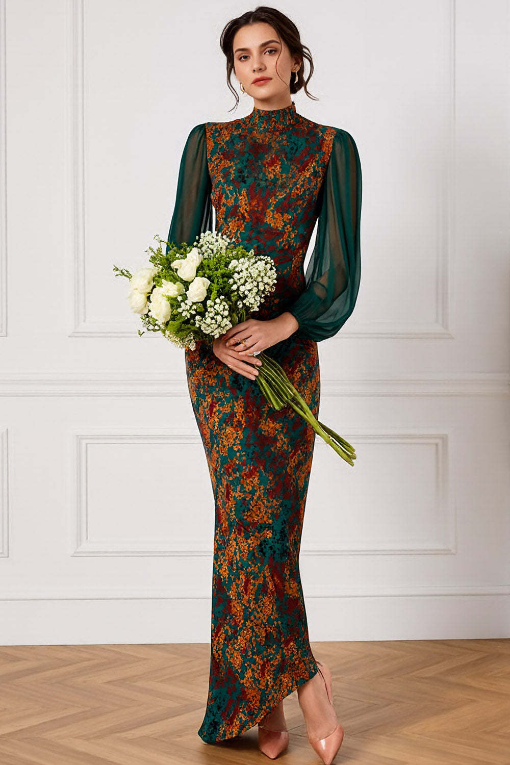 Leely Women Floral Peacock Green Long Wedding Guest Dress High Neck Mermaid Bridesmaid Dress with Sleeves