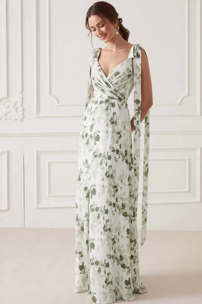 Floral Green V-Neck Ruched Maxi Bridesmaid Dress with Bows