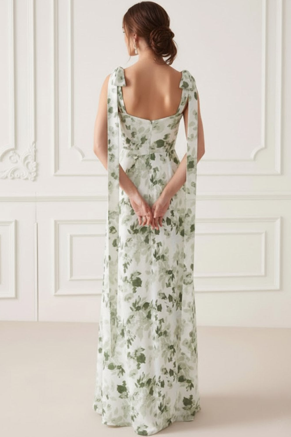 Floral Green V-Neck Ruched Maxi Bridesmaid Dress with Bows