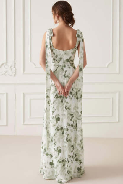 Floral Green V-Neck Ruched Maxi Bridesmaid Dress with Bows