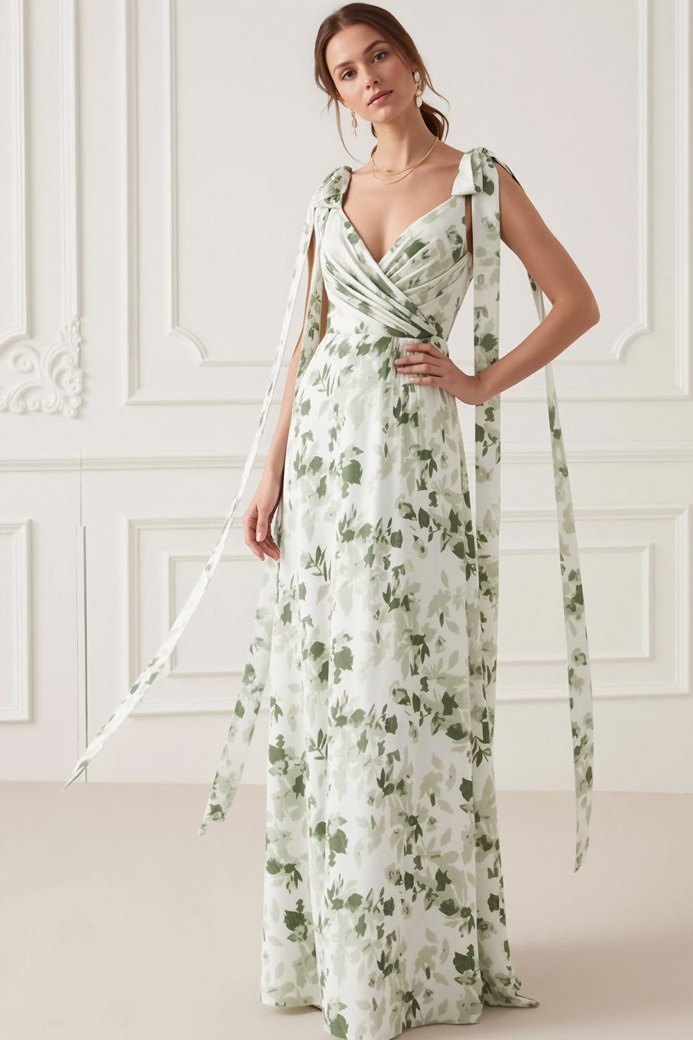 Leelyuk Women Floral Green Maxi Bridesmaid Dress with Bows V-Neck Ruched Wedding Guest Dress with Slit