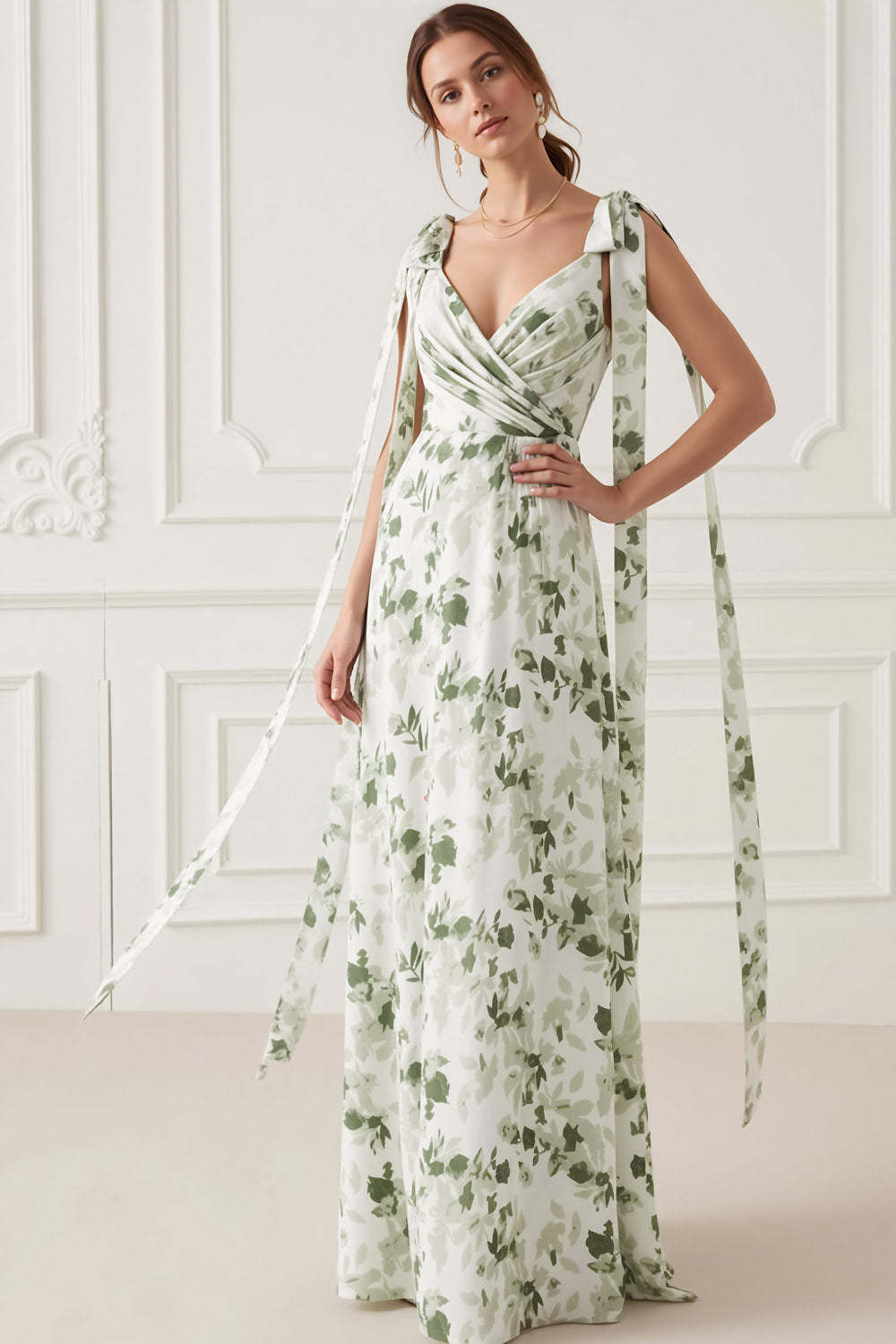 Leelyuk Women Floral Green Maxi Bridesmaid Dress with Bows V-Neck Ruched Wedding Guest Dress with Slit