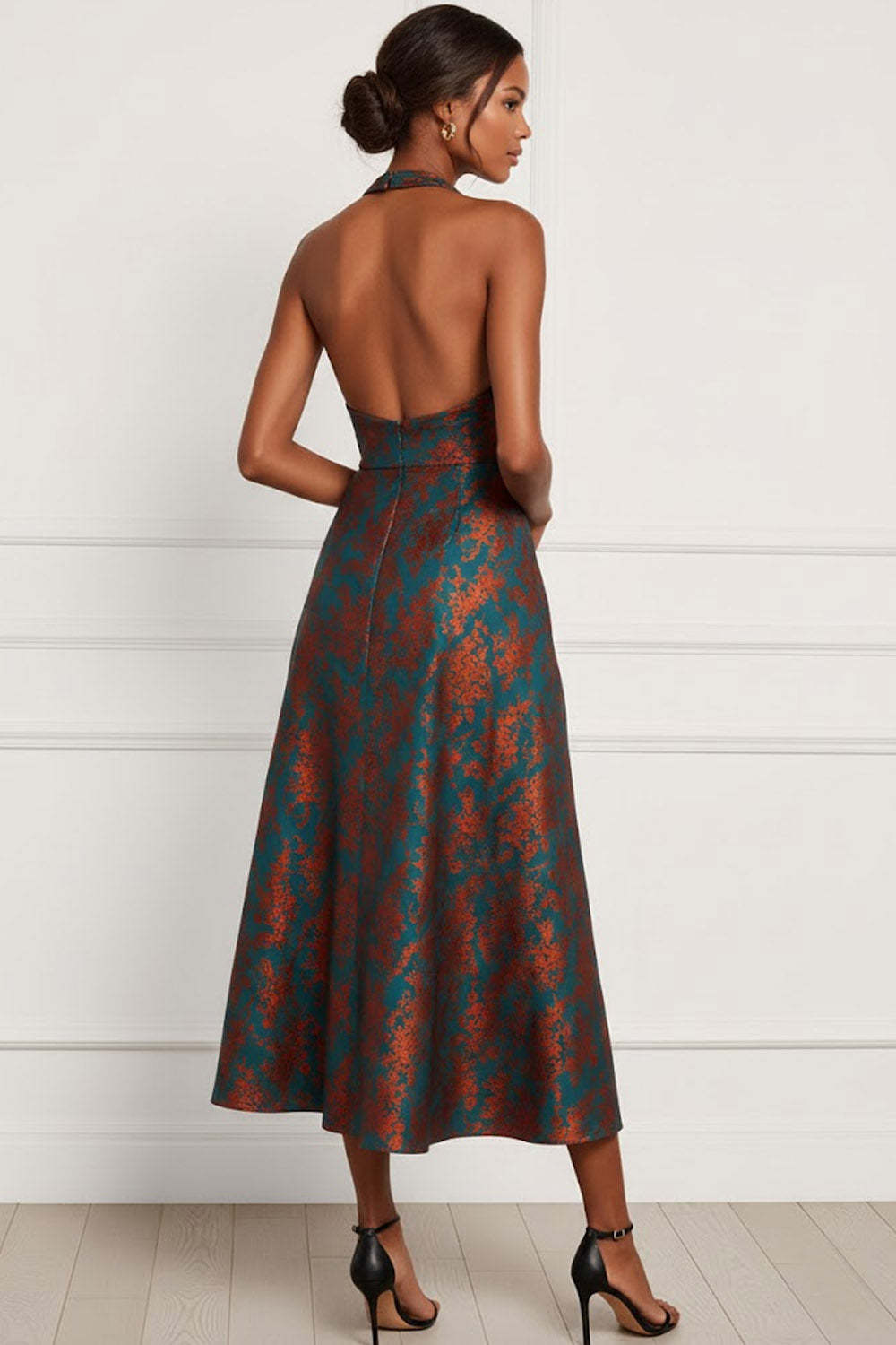 Floral Peacock Green Halter Neck Maxi Wedding Guest Dress