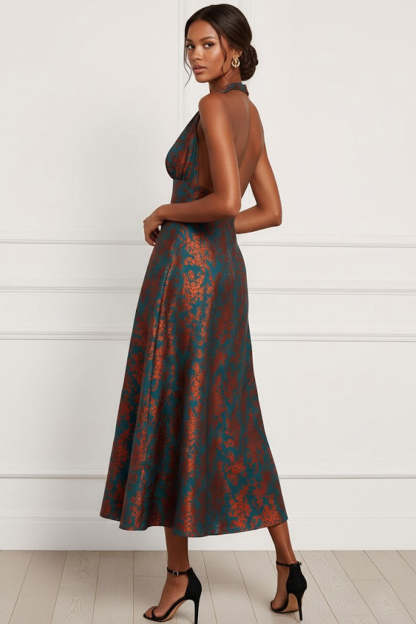 Floral Peacock Green Halter Neck Maxi Wedding Guest Dress
