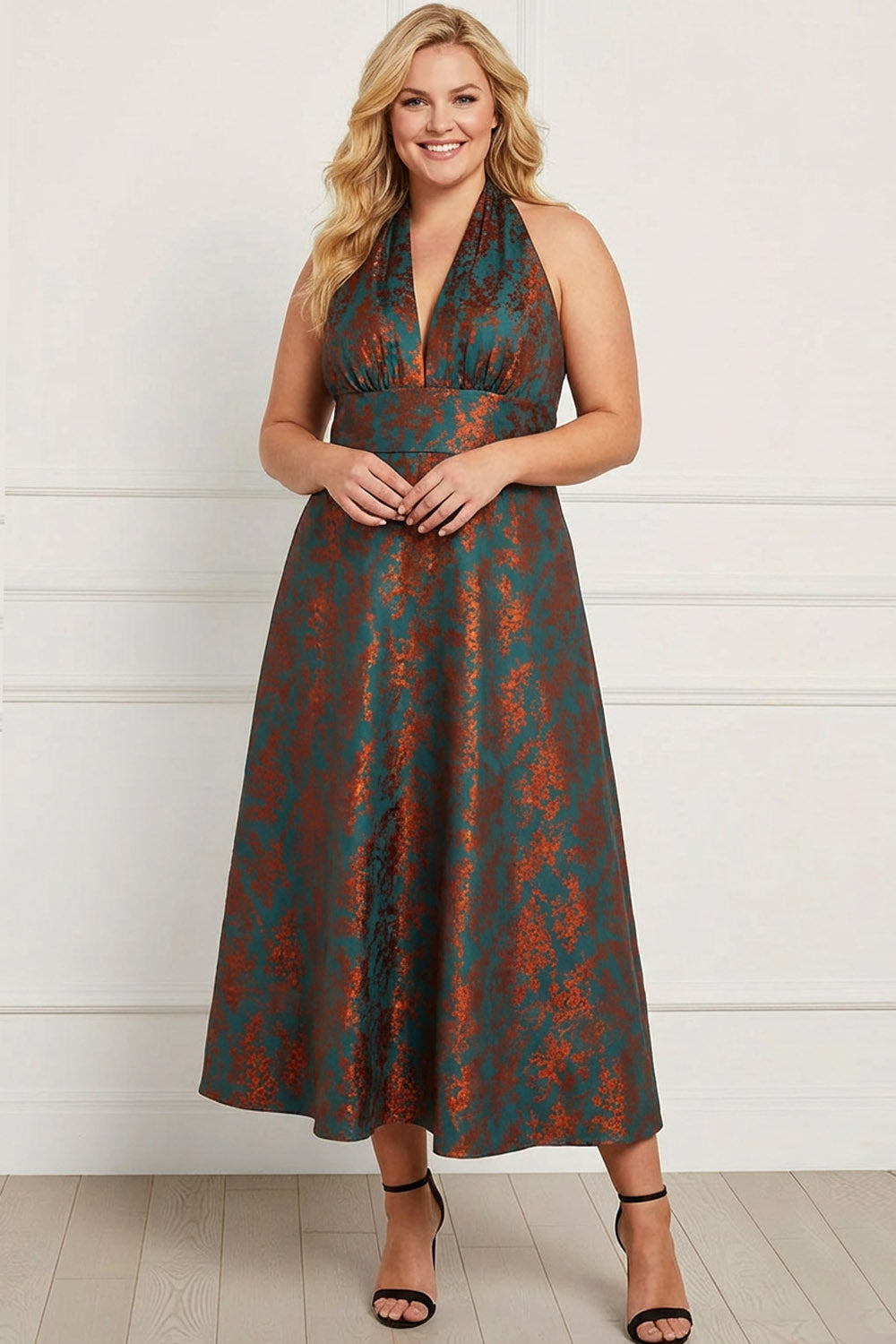 Floral Peacock Green Halter Neck Maxi Wedding Guest Dress