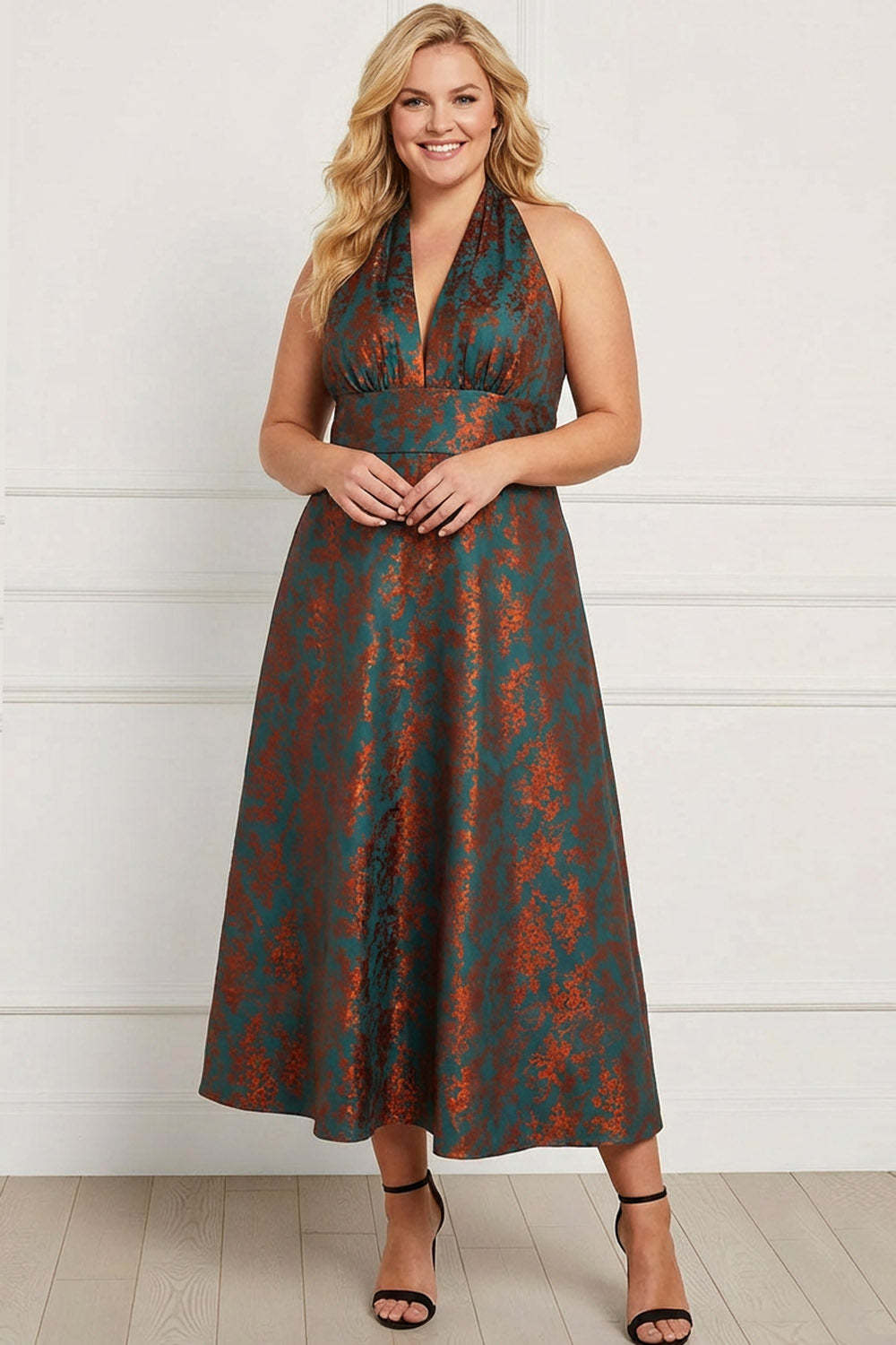 Floral Peacock Green Halter Neck Maxi Wedding Guest Dress