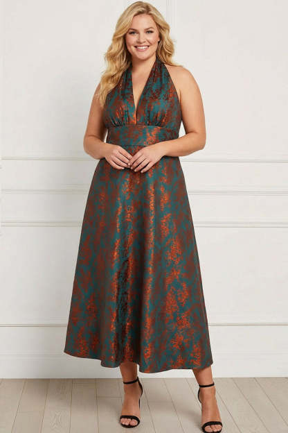 Floral Peacock Green Halter Neck Maxi Wedding Guest Dress