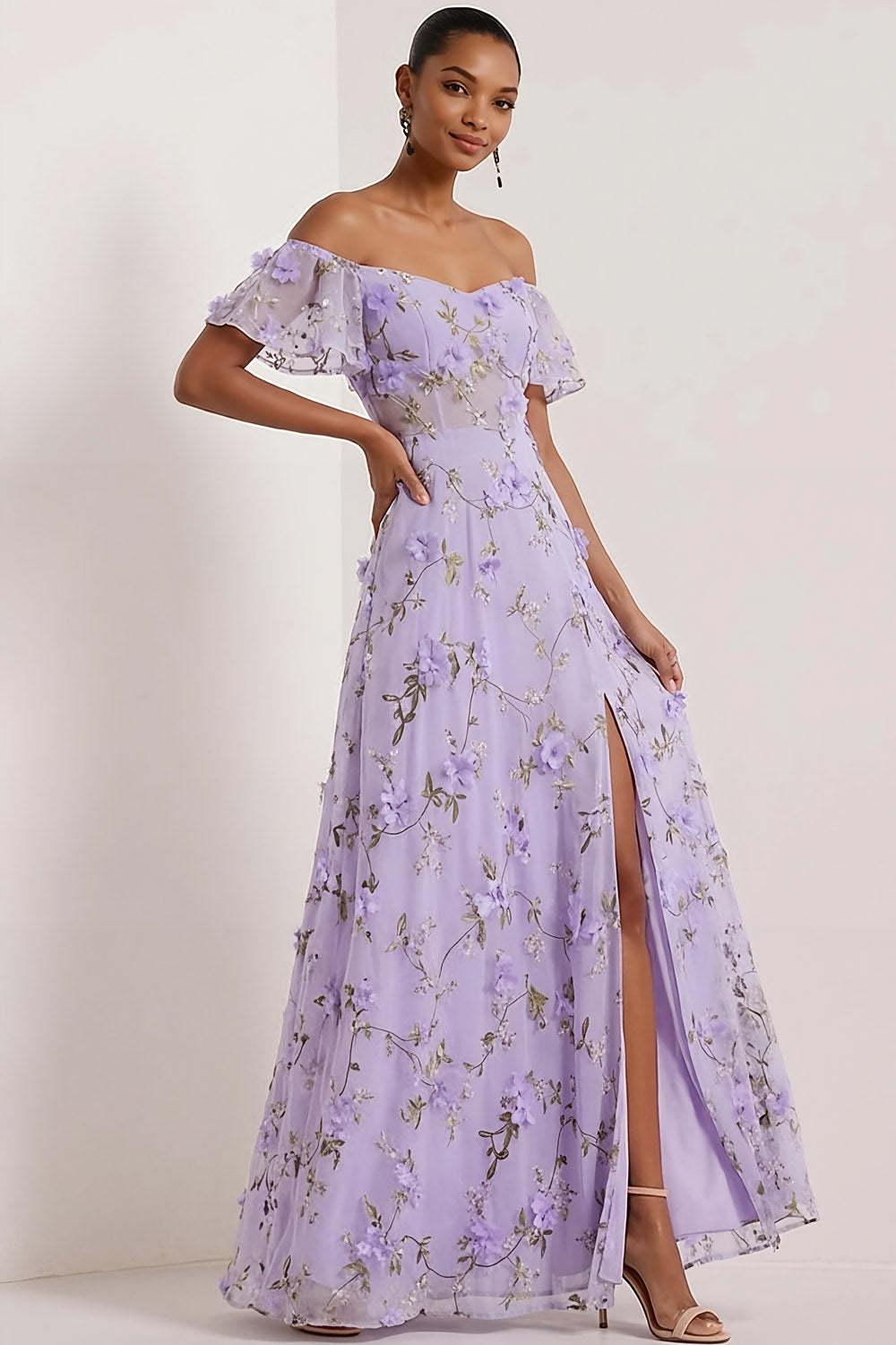 Floral Lilac Off the Shoulder A Line Maxi Corset Bridesmaid Dress with Slit