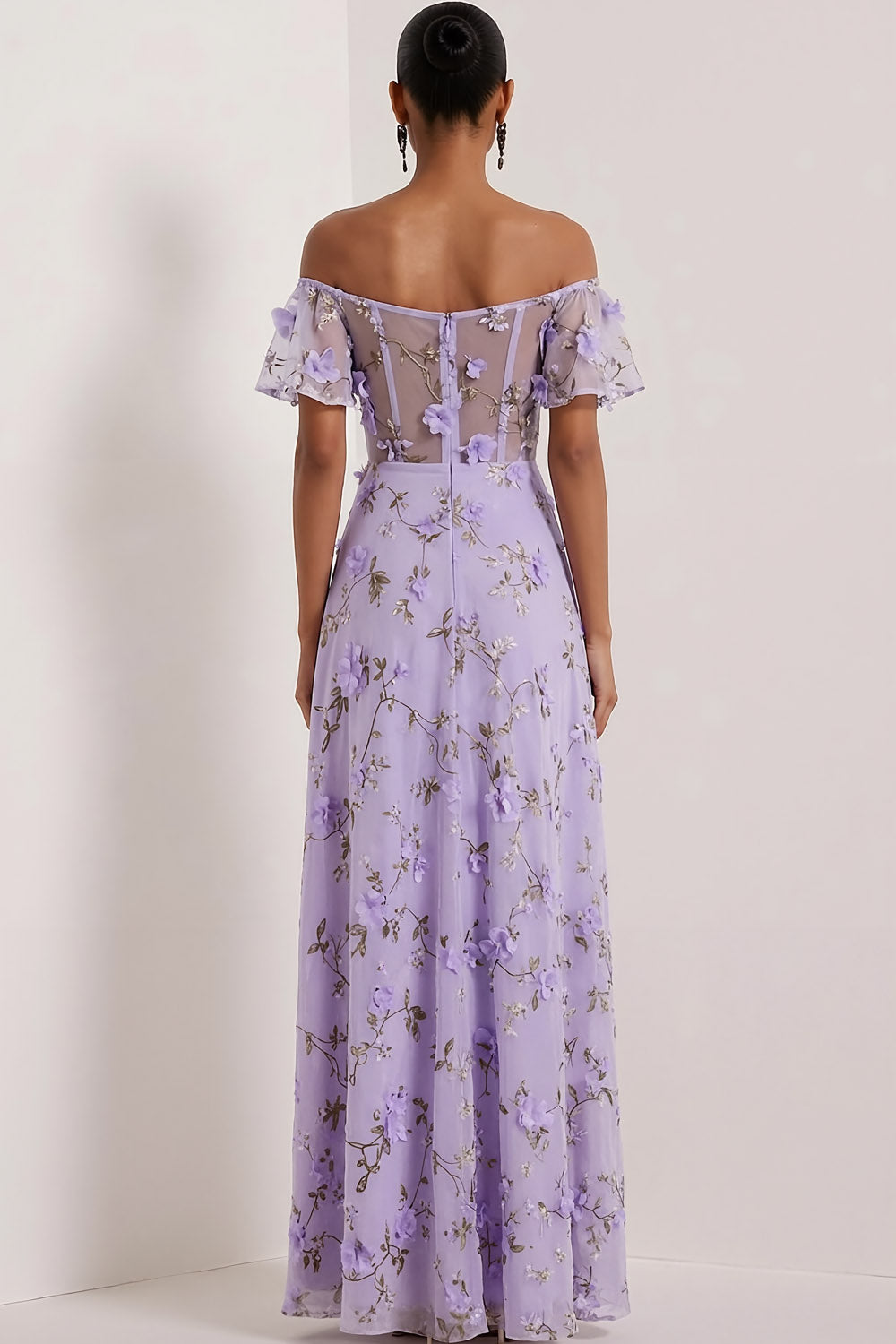 Floral Lilac Off the Shoulder A Line Maxi Corset Bridesmaid Dress with Slit