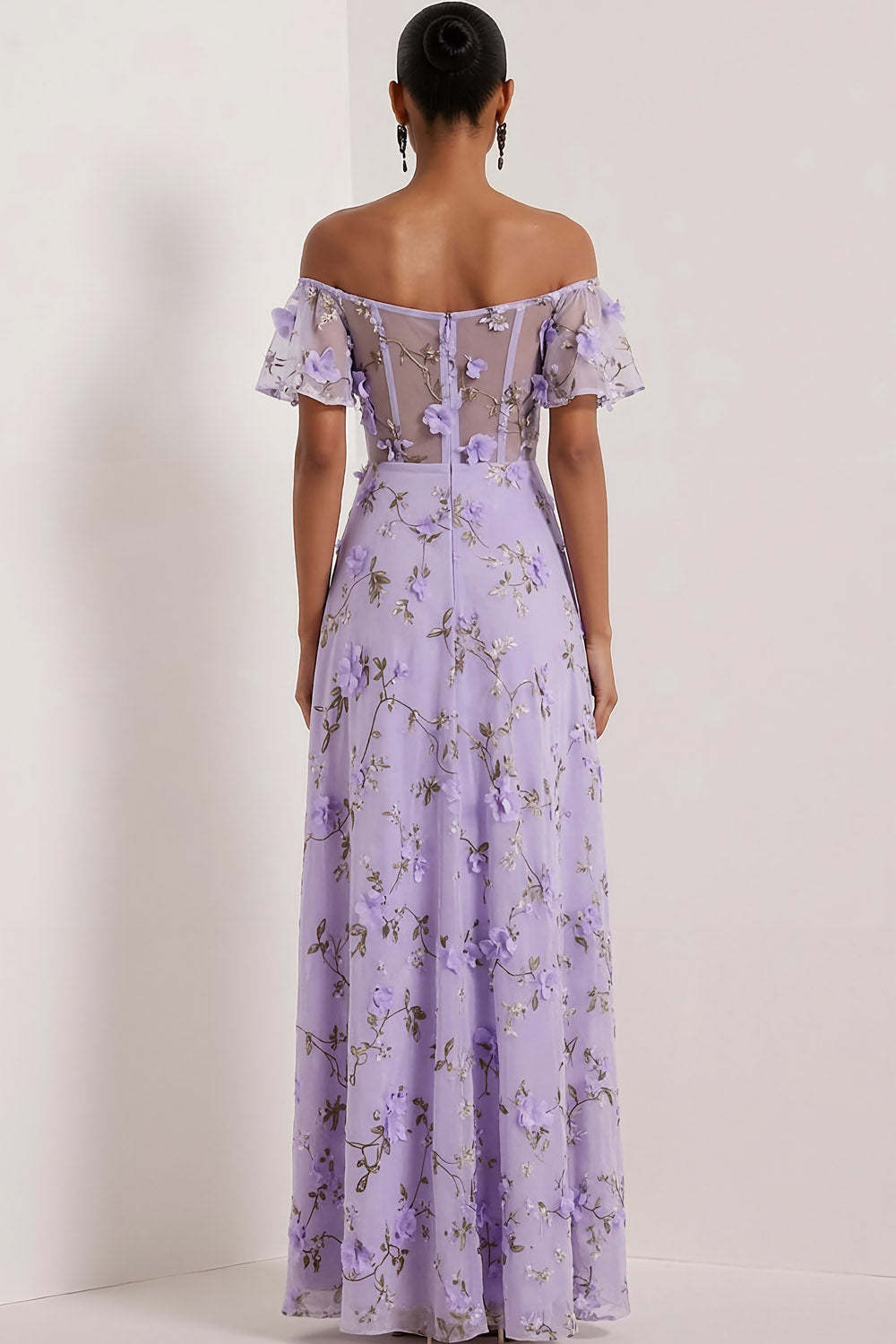 Floral Lilac Off the Shoulder A Line Maxi Corset Bridesmaid Dress with Slit