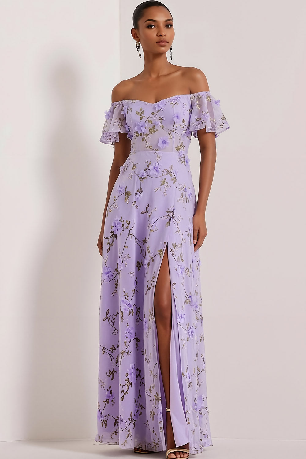 Floral Lilac Off the Shoulder A Line Maxi Corset Bridesmaid Dress with Slit