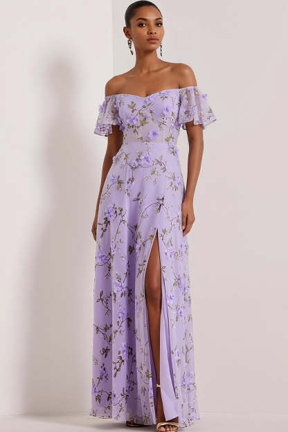 Leely Women Floral Lilac Maxi Bridesmaid Dress with Slit Off the Shoulder A Line Sheer Bone Corset Wedding Guest Dress