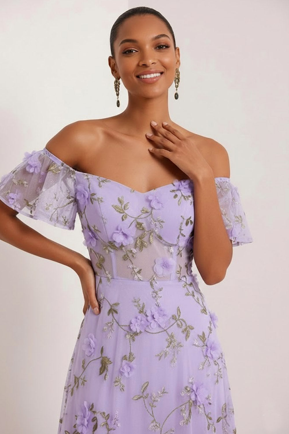 Floral Lilac Off the Shoulder A Line Maxi Corset Bridesmaid Dress with Slit