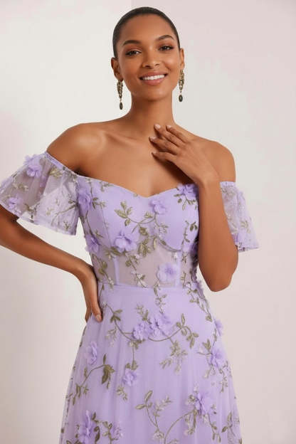 Floral Lilac Off the Shoulder A Line Maxi Corset Bridesmaid Dress with Slit
