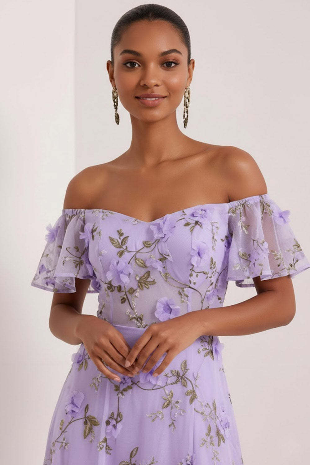 Floral Lilac Off the Shoulder A Line Maxi Corset Bridesmaid Dress with Slit
