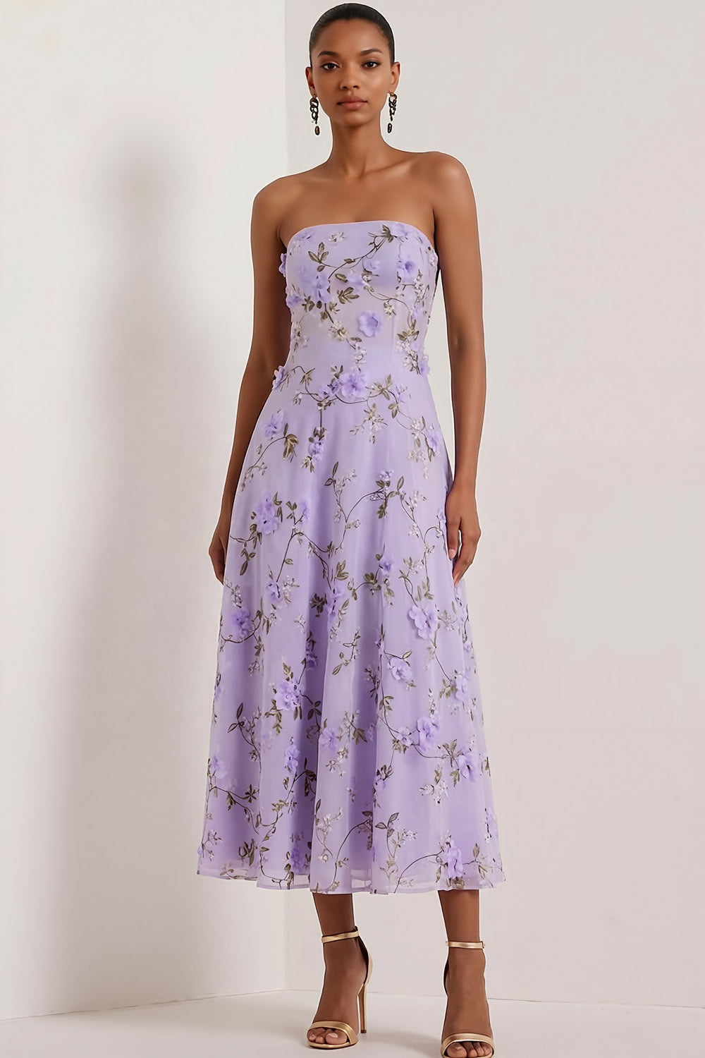 Leely Women Floral Lilac Midi Corset Bridesmaid Dress Strapless A Line Wedding Guest Dress