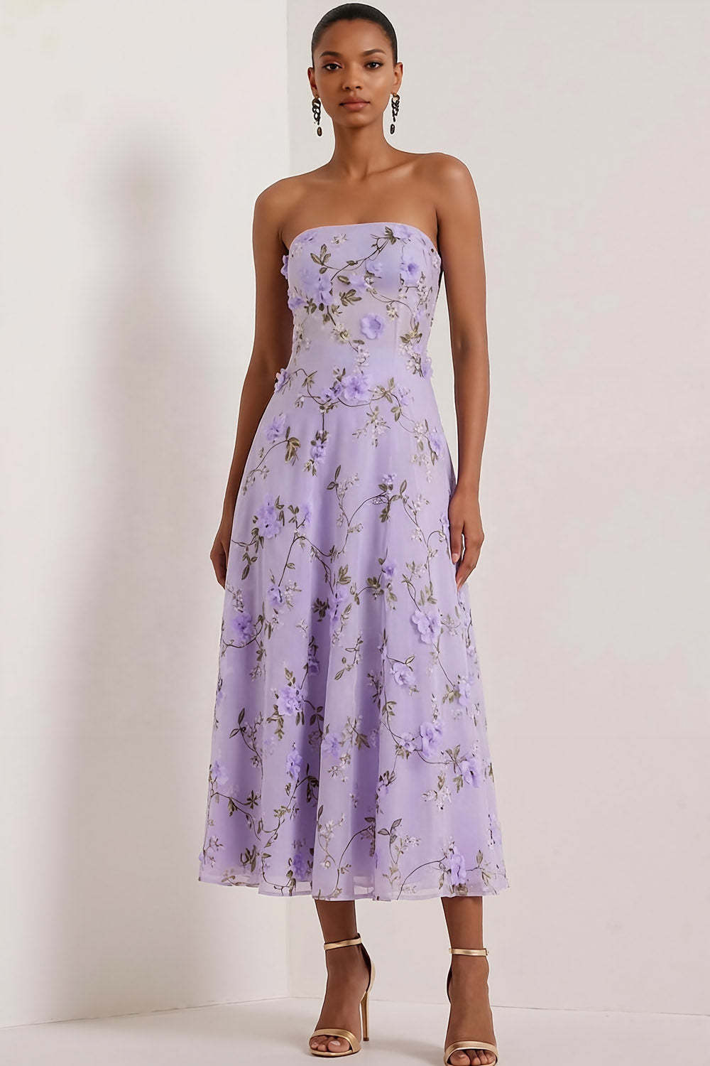 Leely Women Floral Lilac Midi Corset Bridesmaid Dress Strapless A Line Wedding Guest Dress