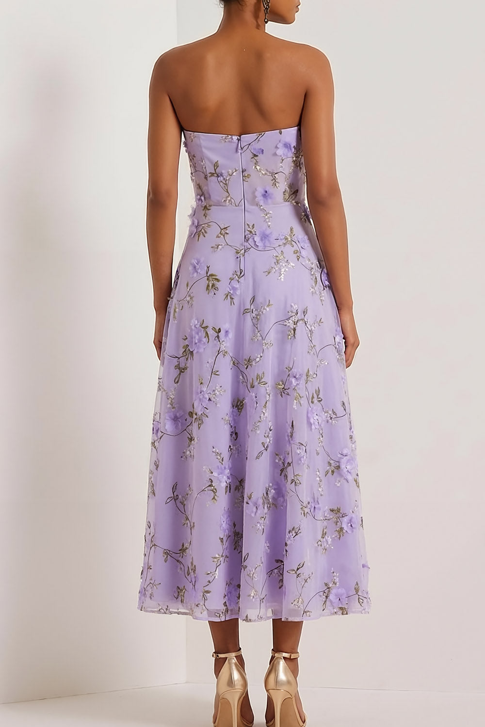 Floral Lilac Strapless A Line Midi Corset Bridesmaid Dress