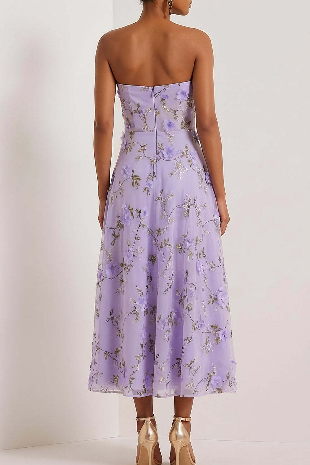 Floral Lilac Strapless A Line Midi Corset Bridesmaid Dress
