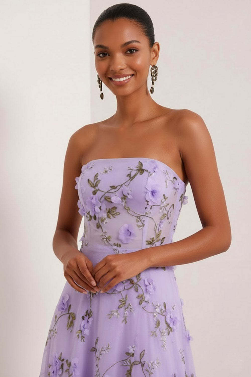 Floral Lilac Strapless A Line Midi Corset Bridesmaid Dress