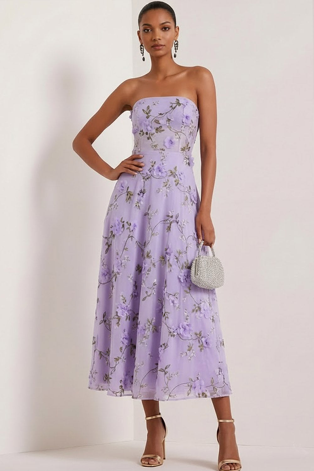 Floral Lilac Strapless A Line Midi Corset Bridesmaid Dress