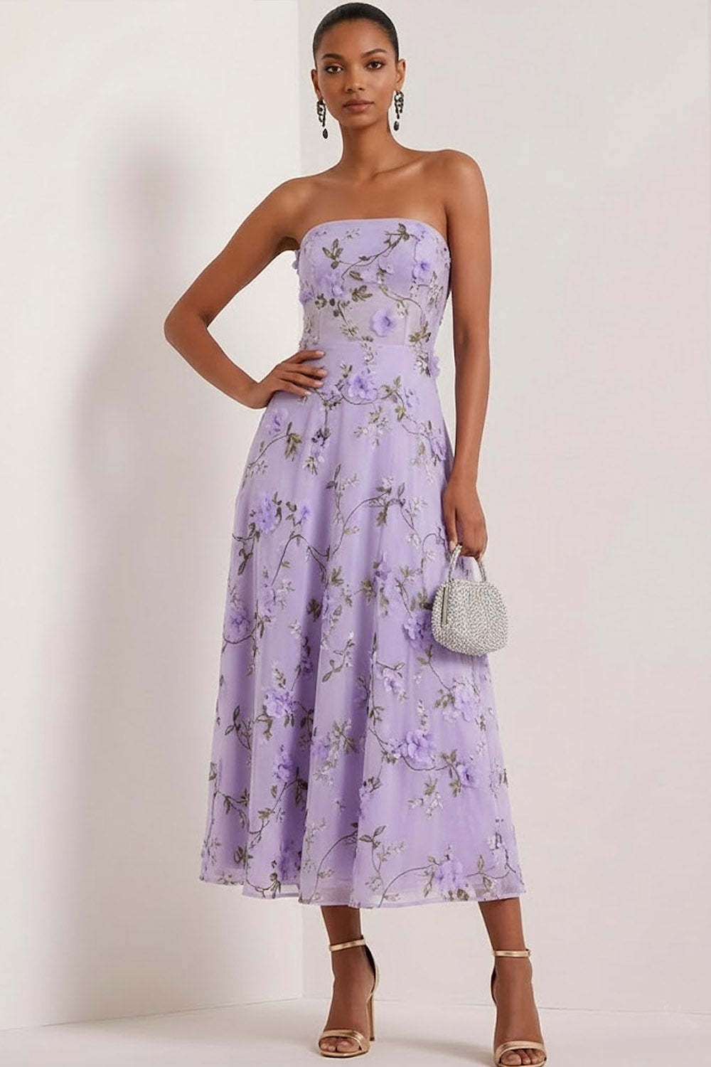 Floral Lilac Strapless A Line Midi Corset Bridesmaid Dress