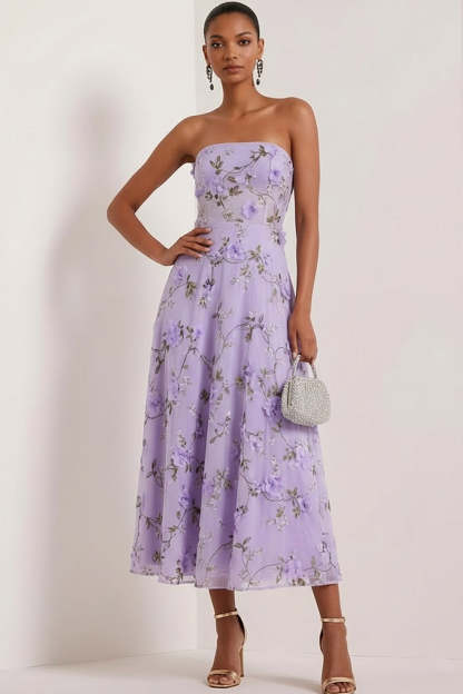 Floral Lilac Strapless A Line Midi Corset Bridesmaid Dress