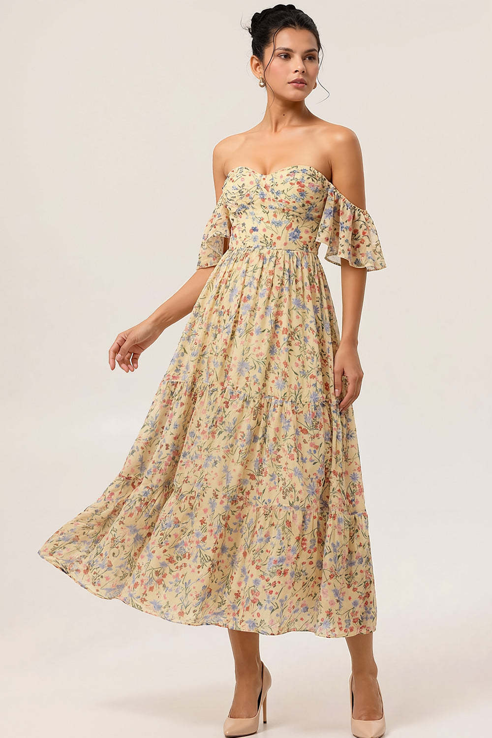 Floral Yellow Off the Shoulder A Line Maxi Bridesmaid Dress