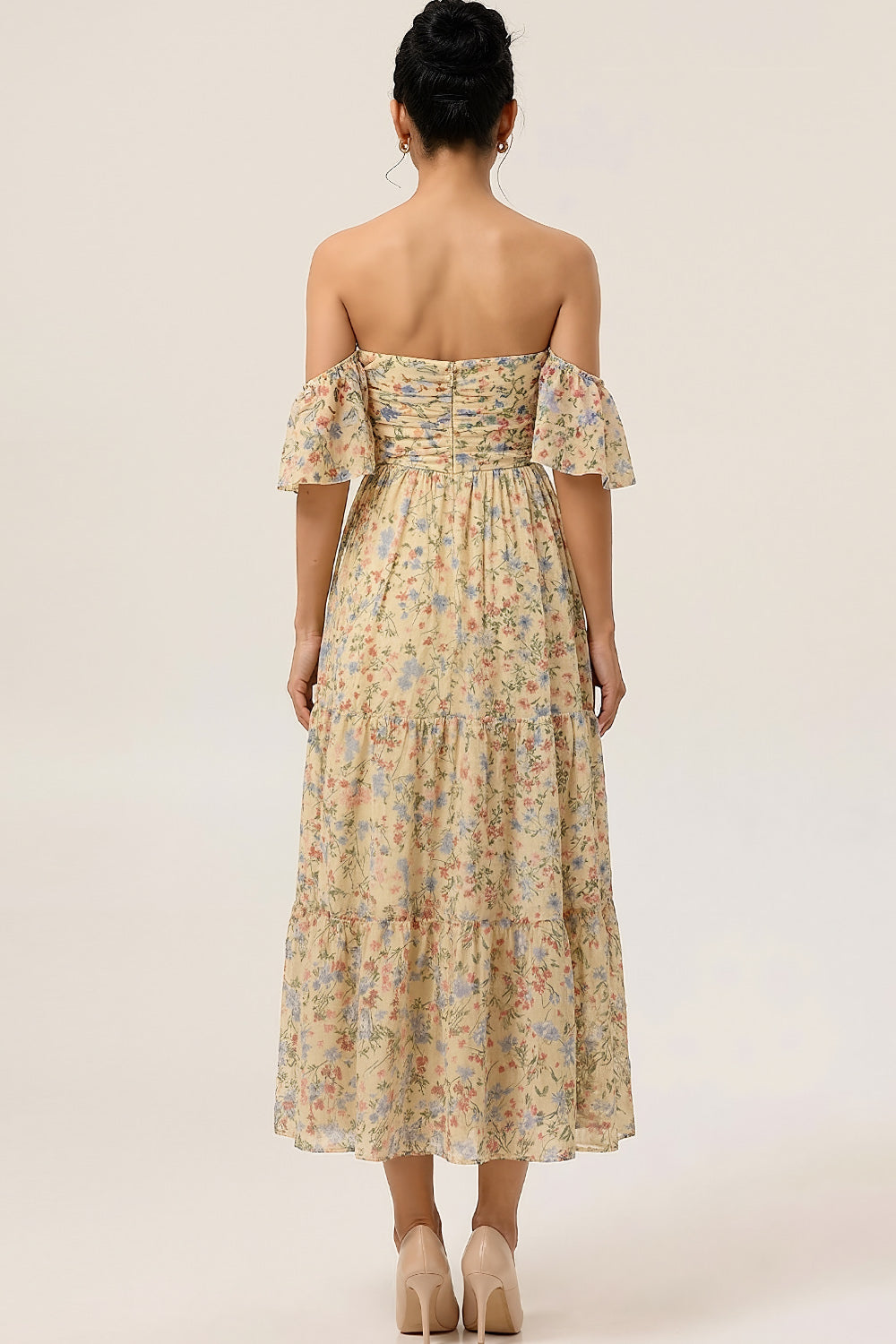 Floral Yellow Off the Shoulder A Line Maxi Bridesmaid Dress