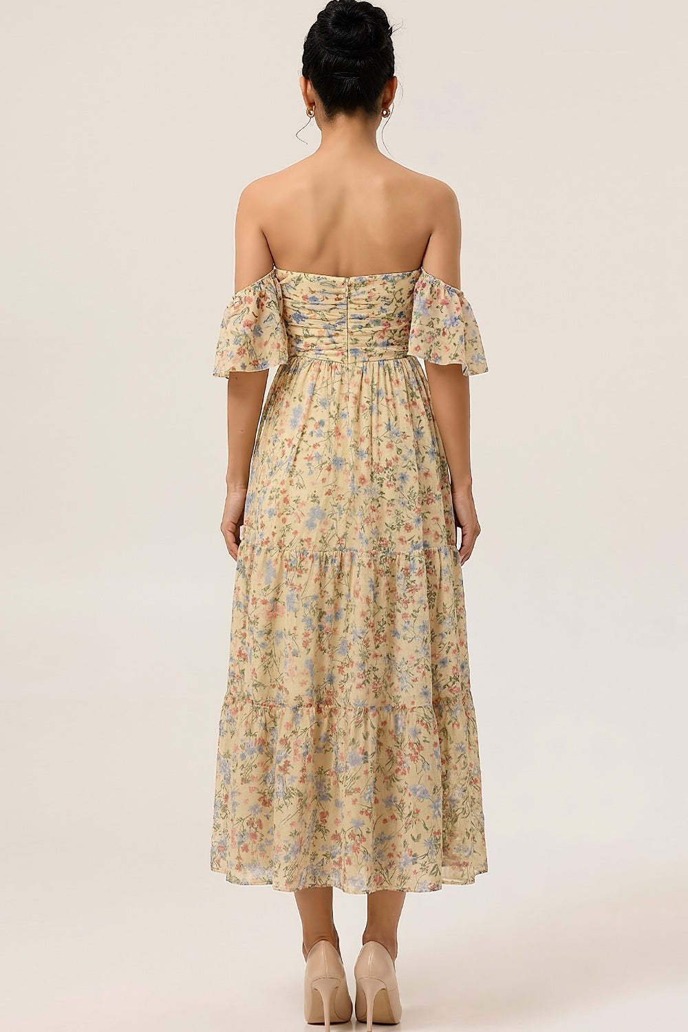 Floral Yellow Off the Shoulder A Line Maxi Bridesmaid Dress