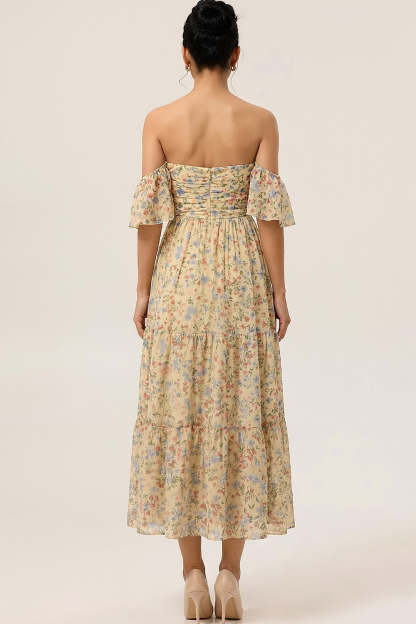 Floral Yellow Off the Shoulder A Line Maxi Bridesmaid Dress