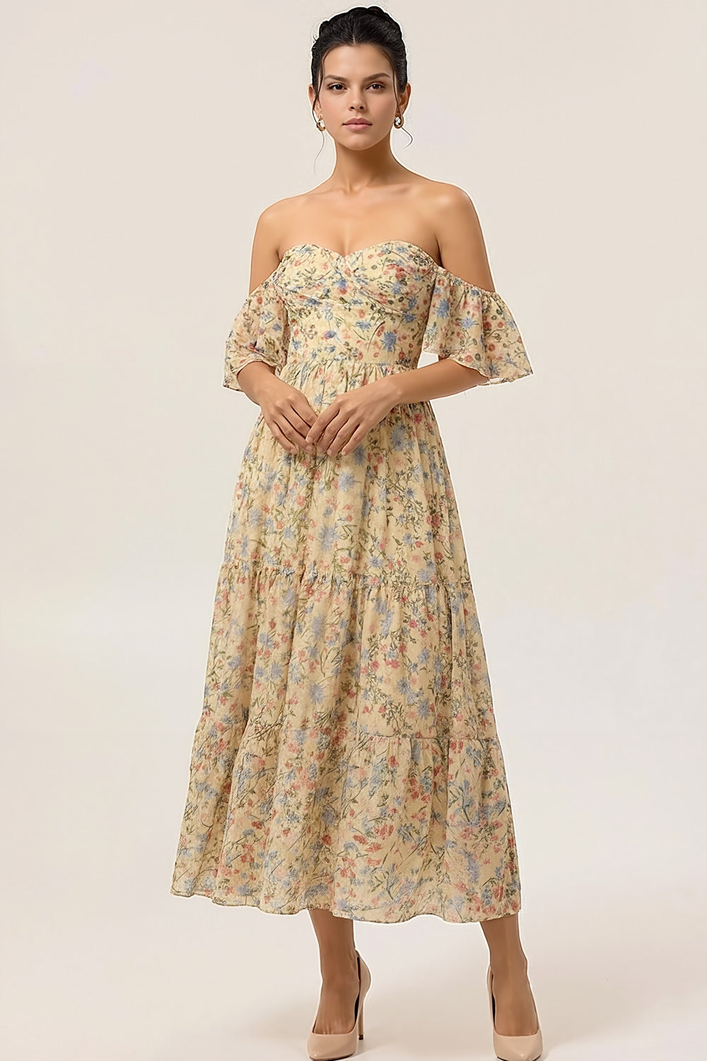 Leely Women Floral Yellow Maxi Bridesmaid Dress Off the Shoulder A Line Wedding Guest Dress