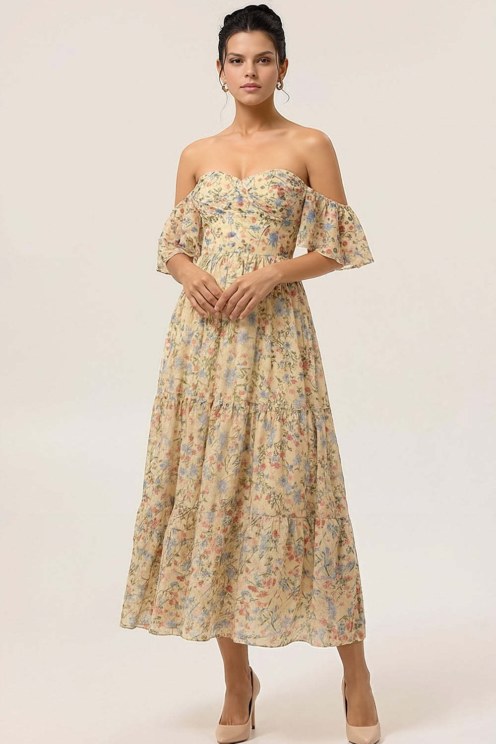 Leely Women Floral Yellow Maxi Bridesmaid Dress Off the Shoulder A Line Wedding Guest Dress