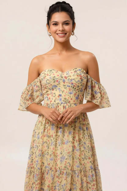 Floral Yellow Off the Shoulder A Line Maxi Bridesmaid Dress