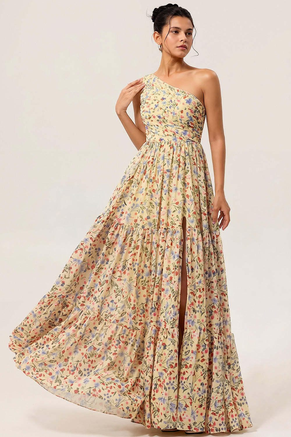 Leely Women Floral Yellow Maxi Wedding Guest Dress One Shoulder A Line Bridesmaid Dress with Slit