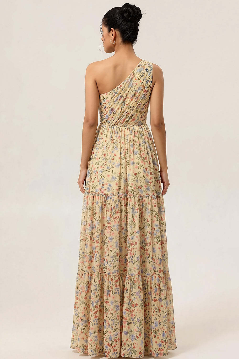 Floral Yellow One Shoulder A Line Maxi Wedding Guest Dress with Slit