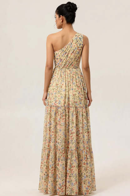 Floral Yellow One Shoulder A Line Maxi Wedding Guest Dress with Slit