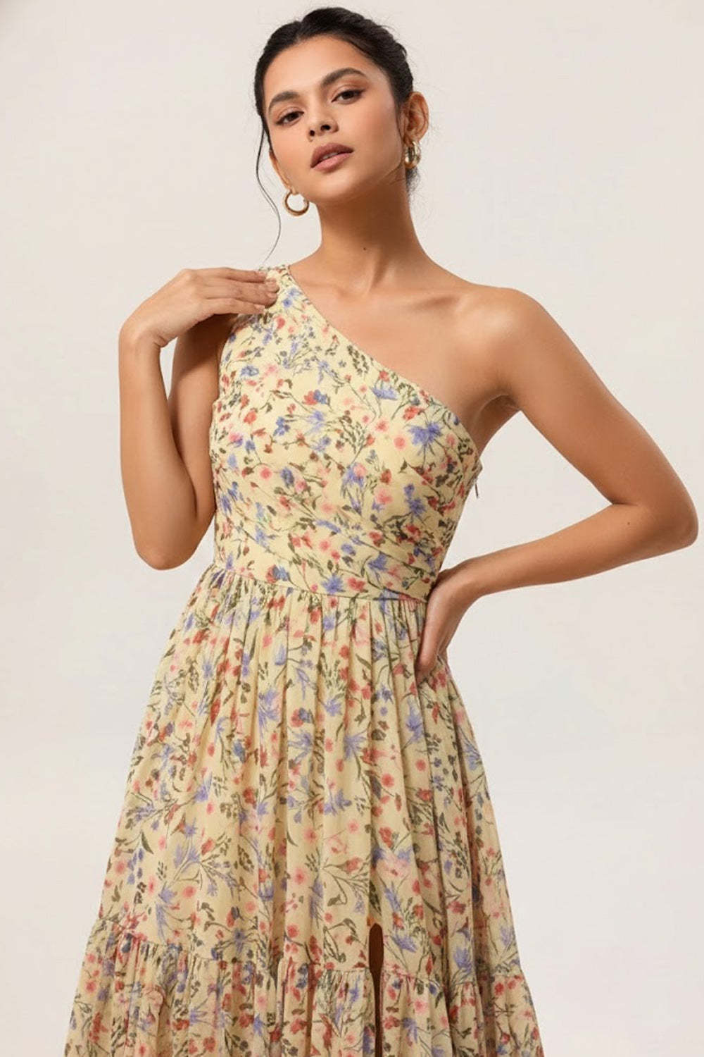 Floral Yellow One Shoulder A Line Maxi Wedding Guest Dress with Slit