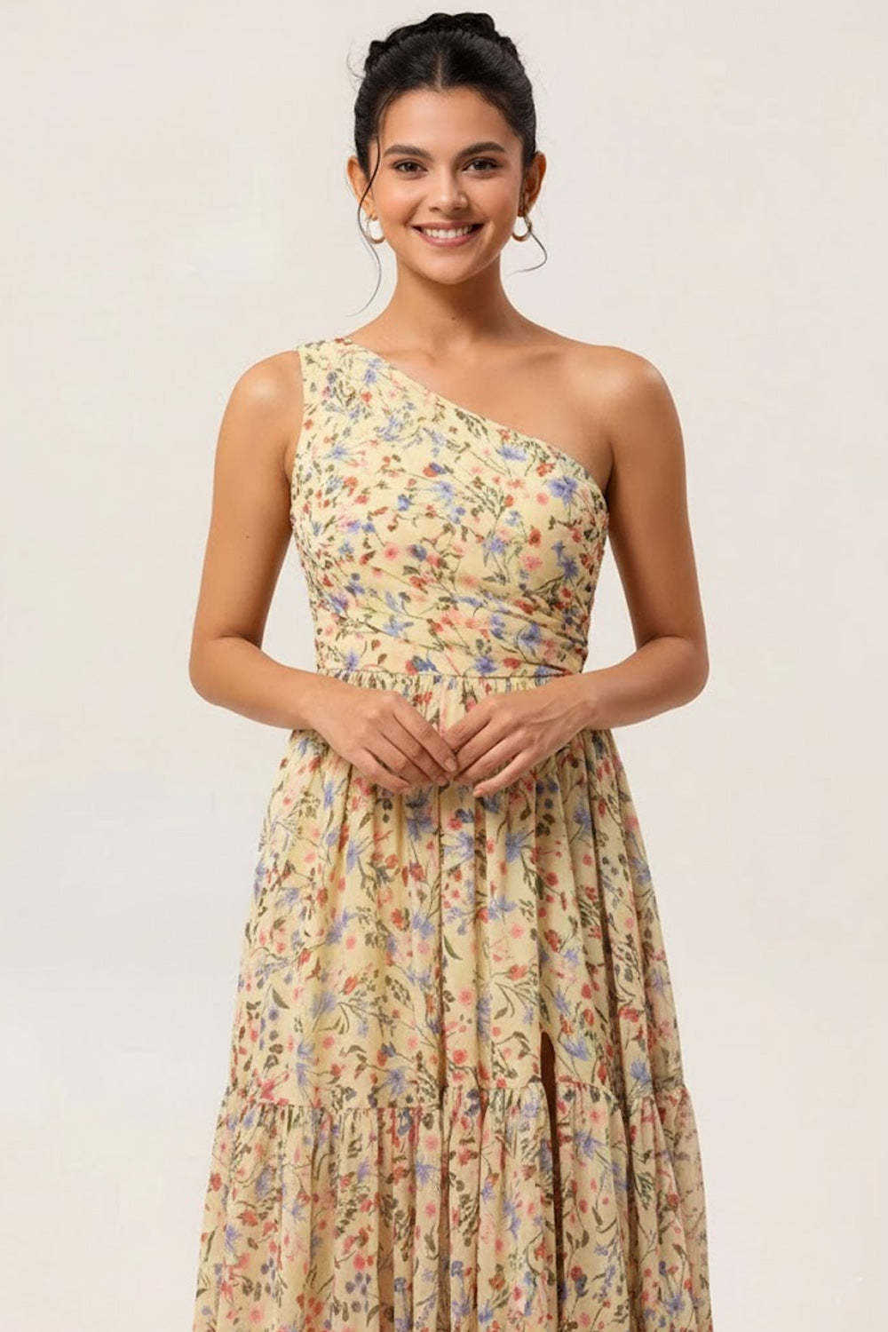 Floral Yellow One Shoulder A Line Maxi Wedding Guest Dress with Slit