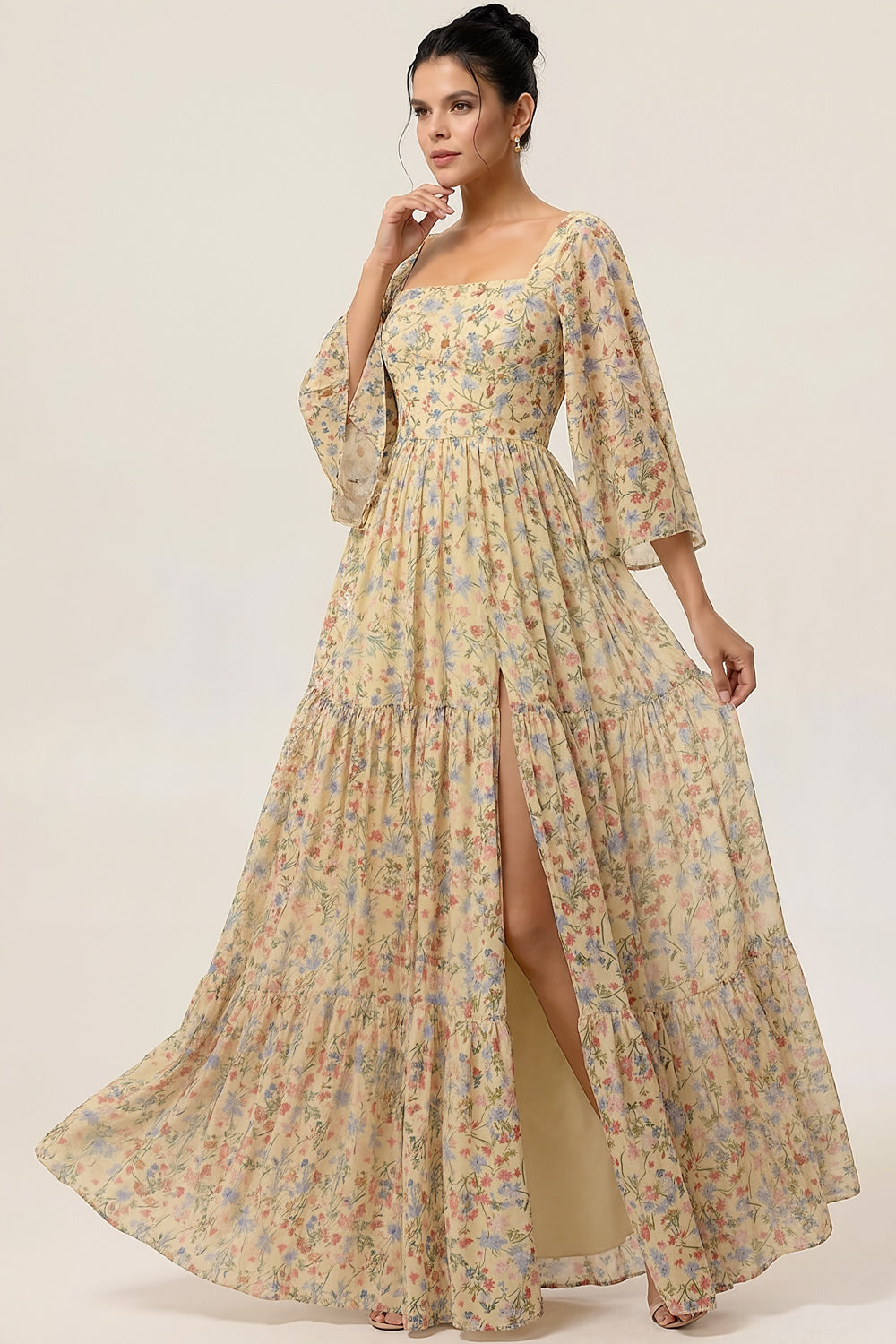 Floral Yellow Square Neck A Line Maxi Wedding Guest Dress with Sleeves