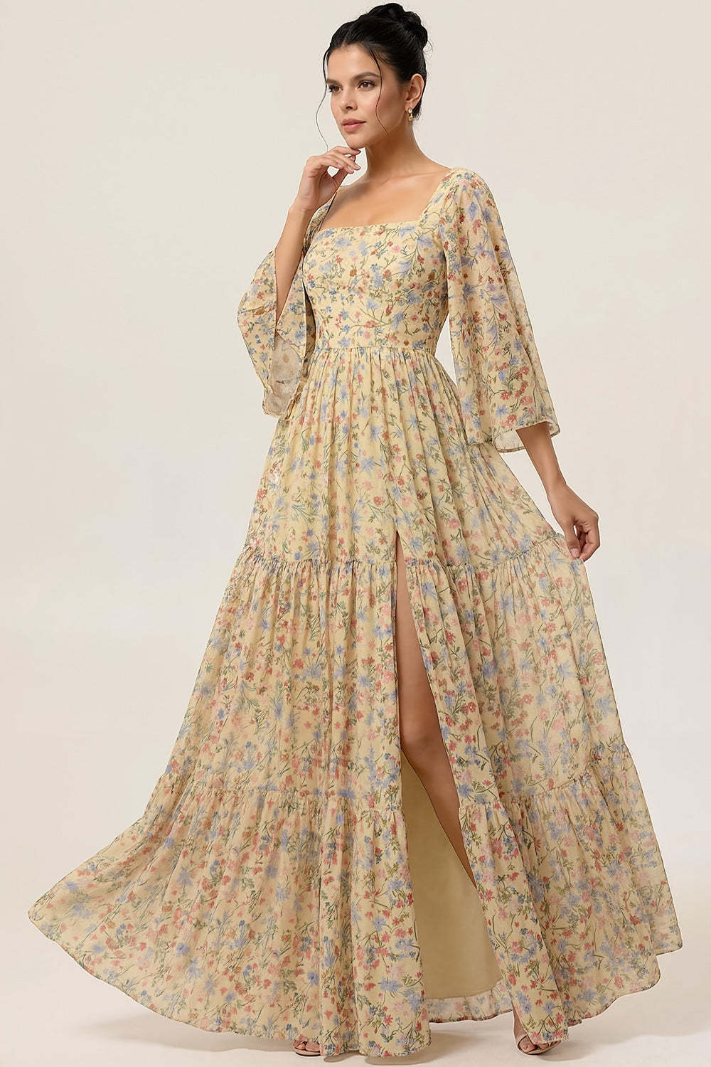 Floral Yellow Square Neck A Line Maxi Wedding Guest Dress with Sleeves