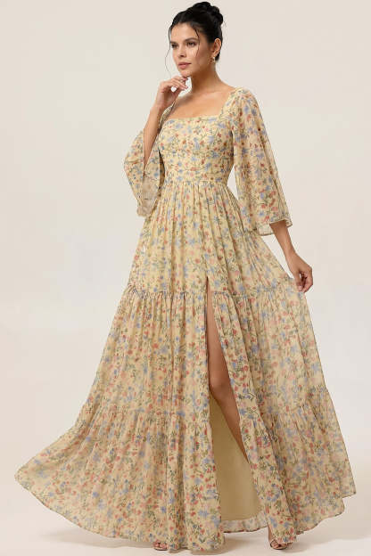 Floral Yellow Square Neck A Line Maxi Wedding Guest Dress with Sleeves